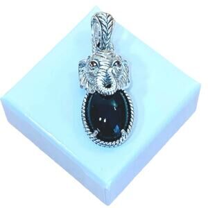 John Hardy Sterling Silver 14K Gold Elephant Onyx Pendant Garnet Enhancer Jai
